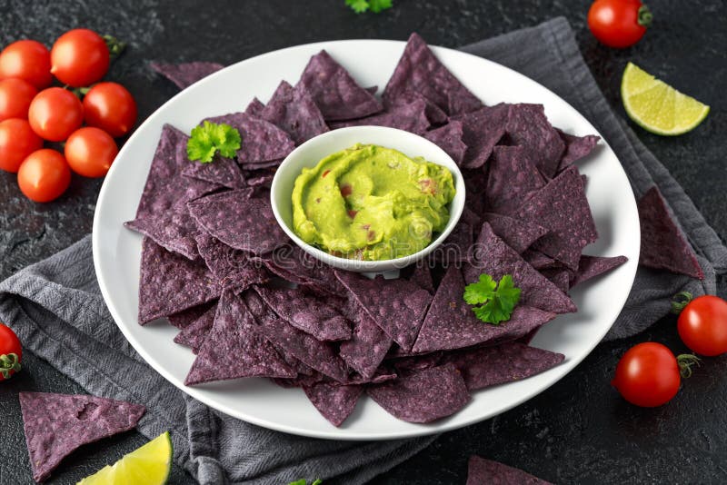 Blue Corn Organic Tortilla Chips with Guacamole Stock Image Image of