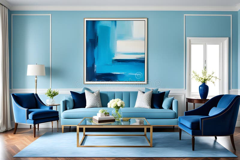 A Blue Couch and a Coffee Table are in a Living Room with a Blue Wall