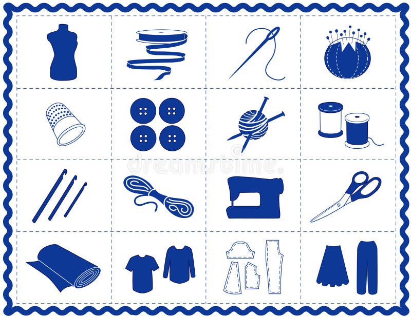 Icons for sewing, tailoring, dressmaking, needlework, quilting, darning, textile arts, crafts & do it yourself projects in blue rick rack frame. EPS8 organized in groups for easy editing. Icons for sewing, tailoring, dressmaking, needlework, quilting, darning, textile arts, crafts & do it yourself projects in blue rick rack frame. EPS8 organized in groups for easy editing.