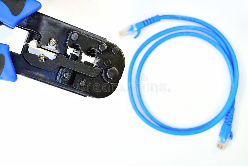 Blue Crimping Tool with a Computer Network Cable Stock Photo Image of