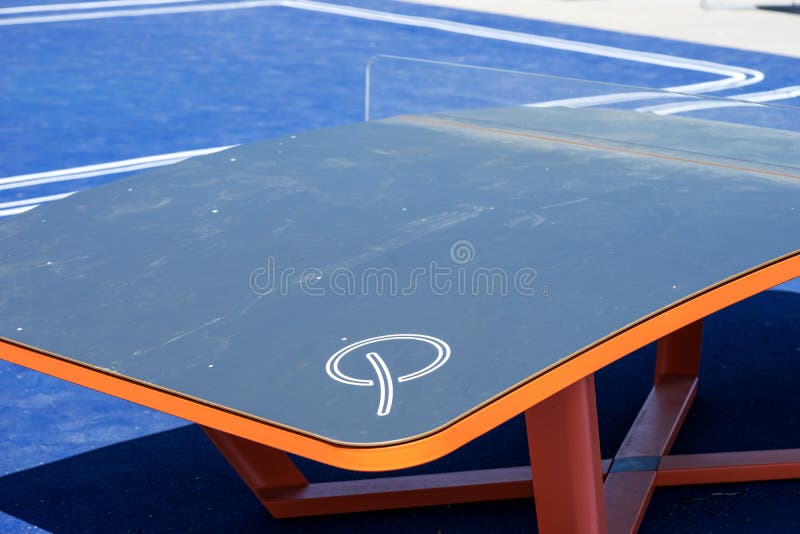 Blue curved table for the modern sport of teqball or teqpong. Mixture of table tennis and football