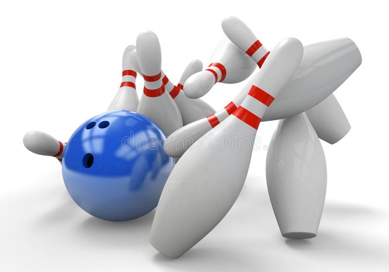 Blue 3D Bowling Ball Smashing into Pins for a Strike Stock Illustration
