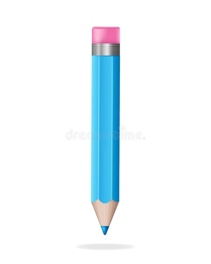 Blue 3d pencil with Eraser. Stationery tool. Volumetric wooden object