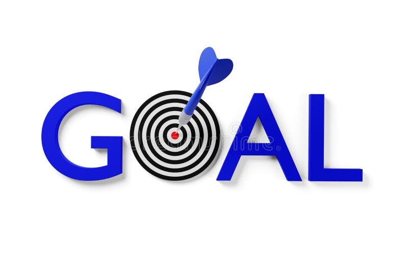 Blue dart arrow hitting center of goal target on the word goal over white background, success, goal achievement or performance vector illustration