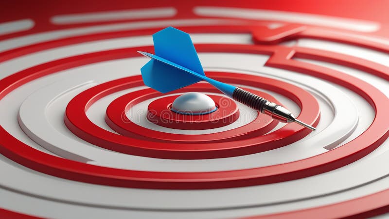 A blue dart hitting the bullseye on a three dimensional red and white target stock illustration
