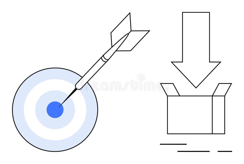 Blue Dart Hitting Target Next to Box and Downward Arrow in Minimalist Design vector illustration