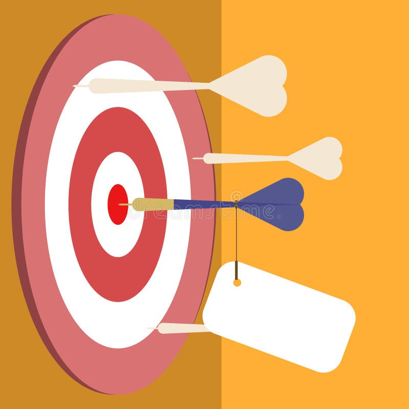 Blue dart on the middle of the target with empty tag. stock illustration