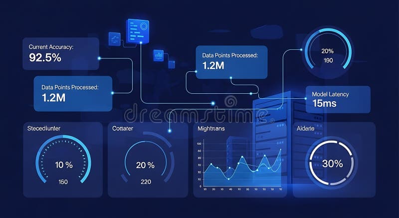 Blue dashboard showing data points processed accuracy model latency and percentage metrics with graphs stock illustration
