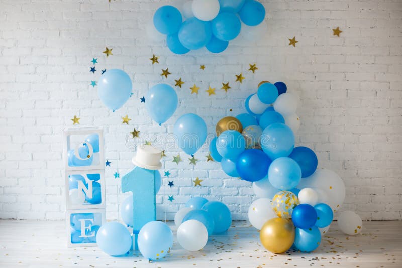 Blue decor for first birthday stock photo
