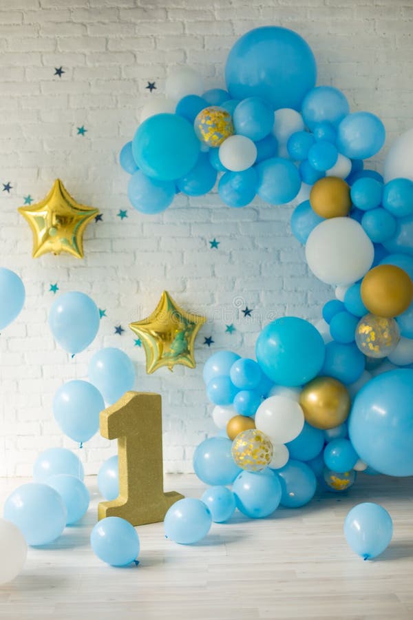 Blue decor for first birthday stock images