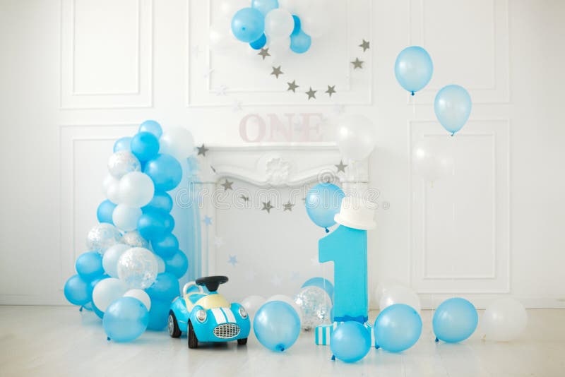 Blue decor for first birthday royalty free stock photo