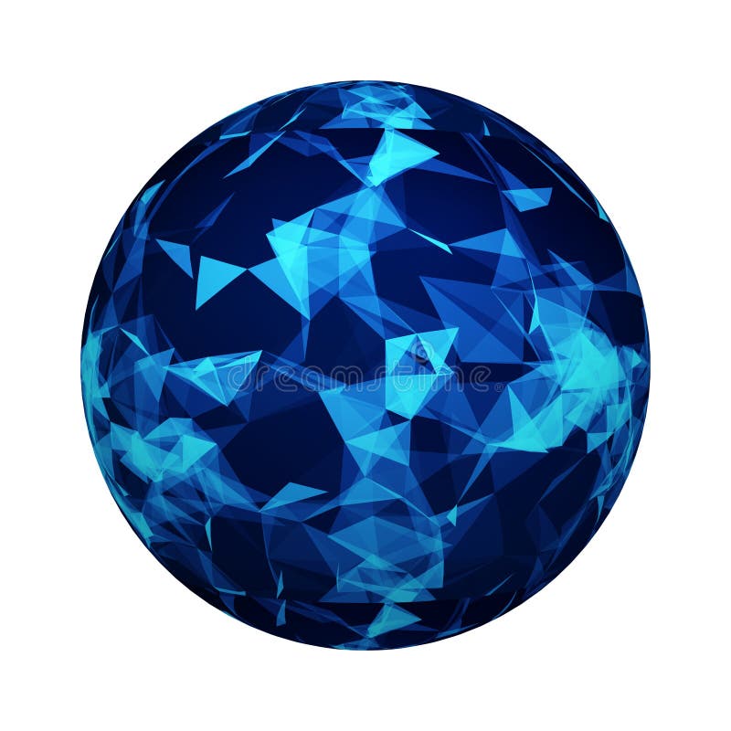 Blue digital data and network connection triangle lines and spheres in futuristic technology concept on ball or sphere shape royalty free illustration