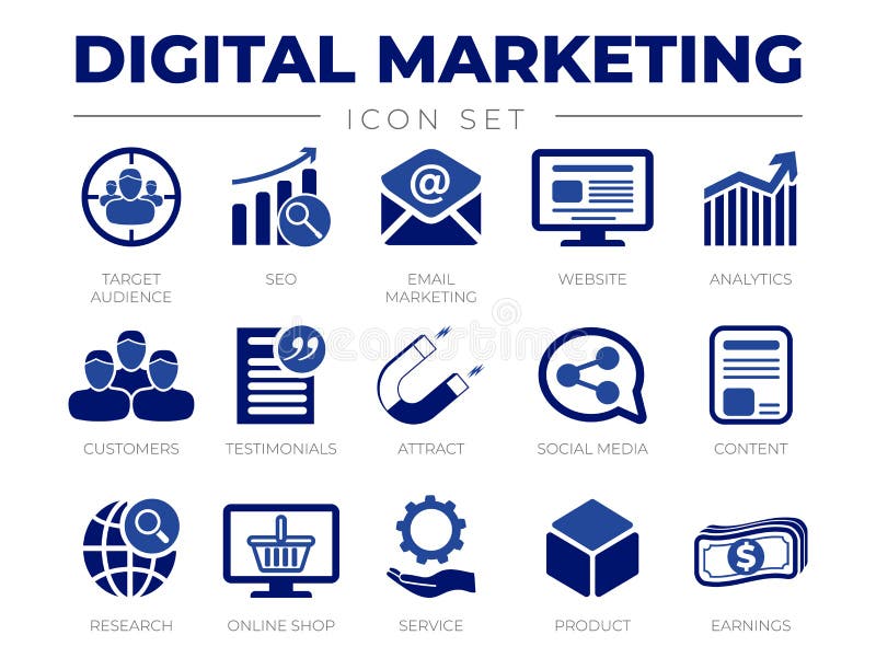 Blue Digital Marketing Ikonensatz. Zielgruppe seo E-Mail-Marketing-Website Analytics-Kundenhuldigungen ziehen an lizenzfreie abbildung