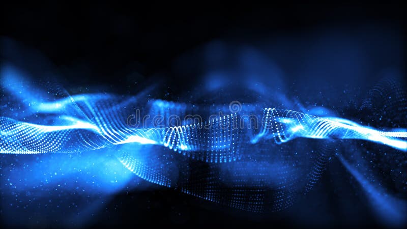 Blue digital particles wave flow with bokeh abstract background stock illustration