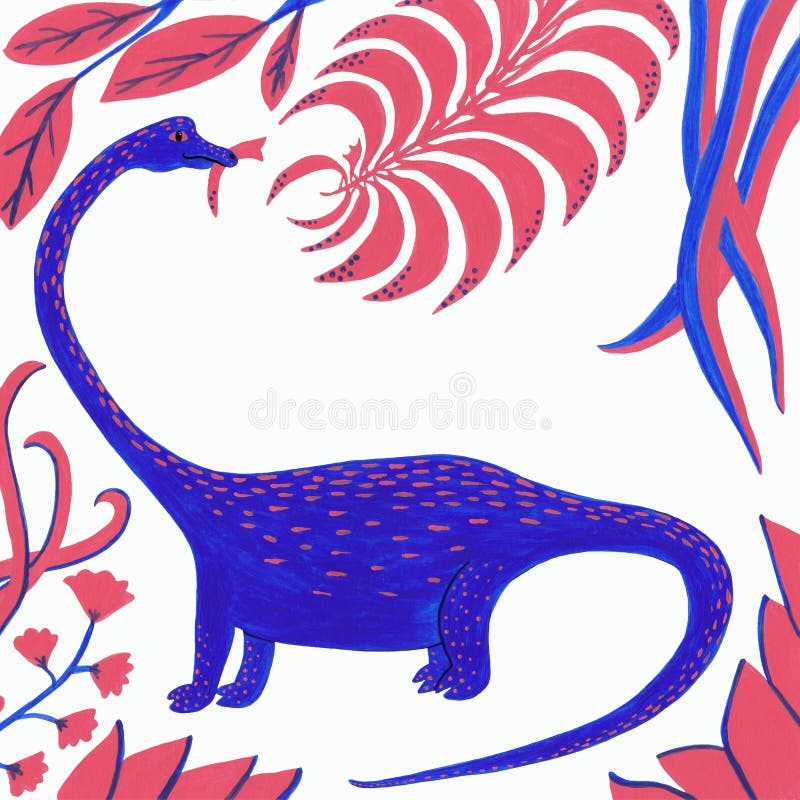 Blue dinosaur with coral and blue leaves on a white background stock illustration Blue dinosaur with coral and blue leaves on a white background stock illustration