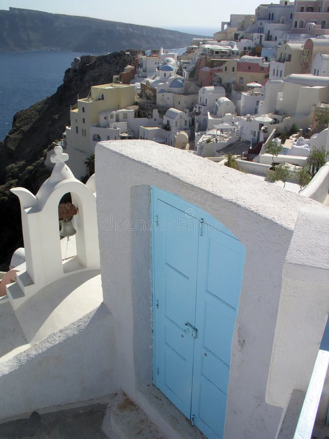 Blue door and city