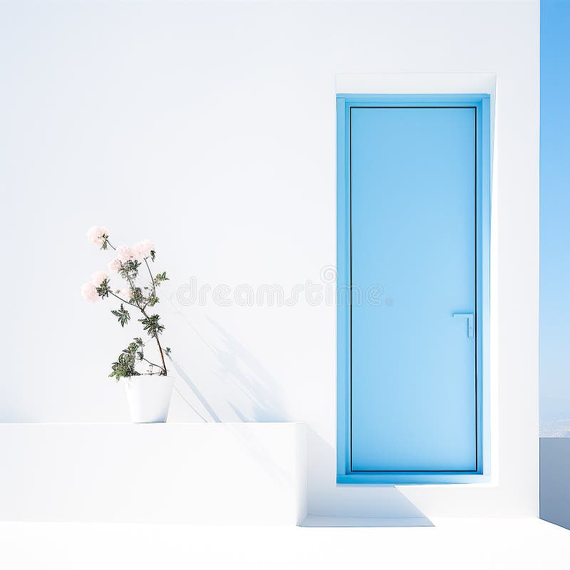 Blue door and flower on a white wall. vector illustration