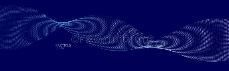 Blue dots in motion dark vector abstract background, particles array wavy flow, curve lines of points in movement, technology and