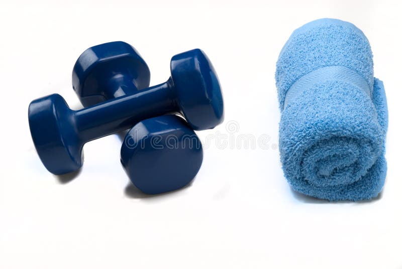 Blue dumbbells with Blue towel