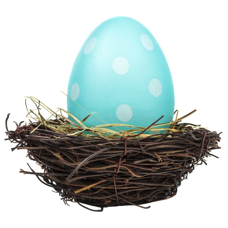 Blue Big Easter Egg in a Bird Nest on White Stock Image Image of