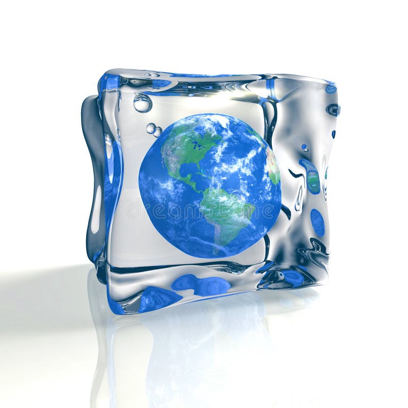 Realistic blue earth globe trapped in ice cube, 3D render on a white reflecting table. Realistic blue earth globe trapped in ice cube, 3D render on a white reflecting table