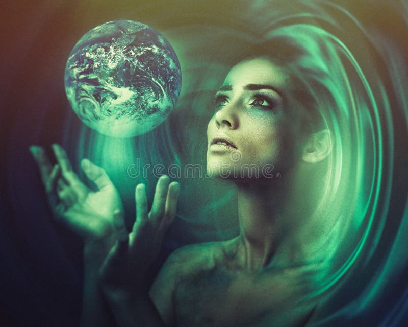 Blue Earth in her hands. Birth of a new universe.