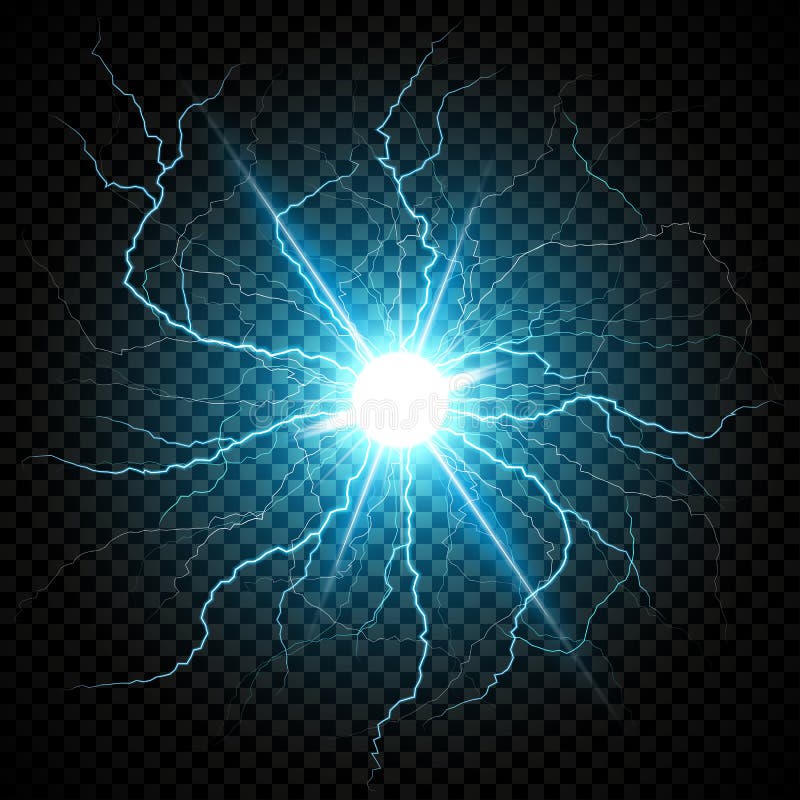 Blue Electric flash of lightning on a dark transparent background. 