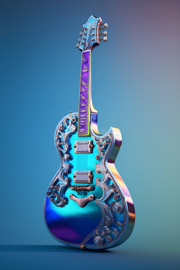 Blue Electric Guitar on Blue Gradient Background. 3d Render