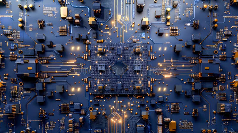 Blue electronic circuit board close-up view. Computer technology background vector illustration