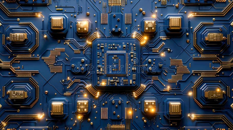 Blue electronic circuit board top view. Computer technology background stock illustration