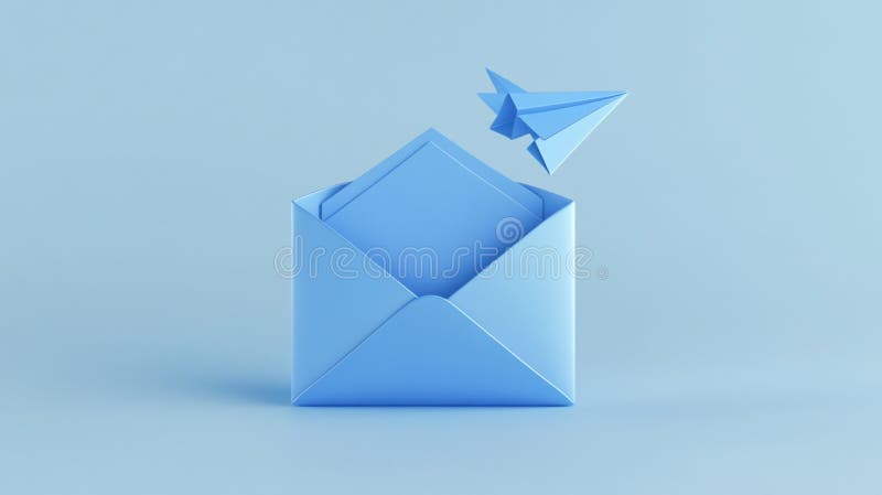 Blue Envelope with a Paper Airplane Soaring Above it in a Minimalist