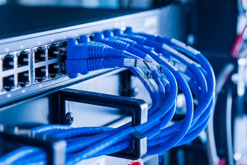 Blue ethernet cables connected to switch stock photography