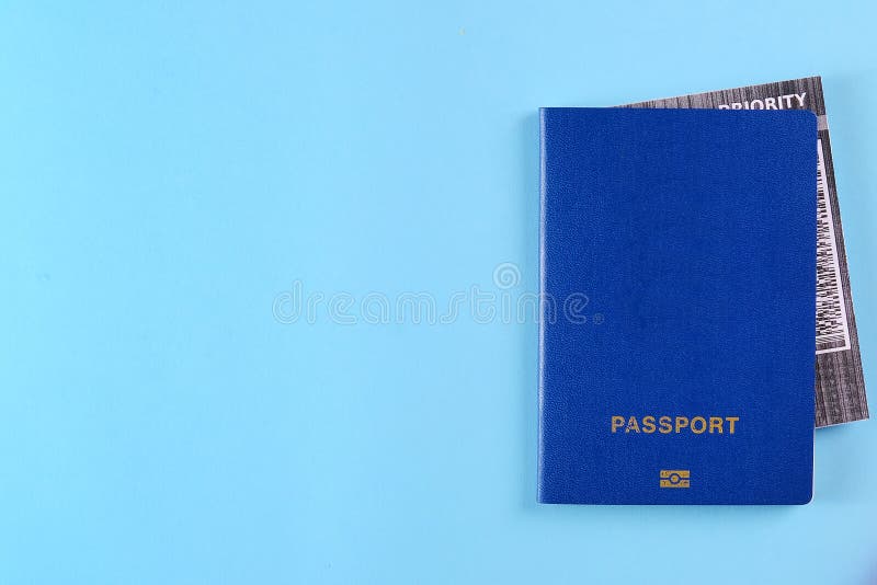 Blue External Passport with Airplane Ticket Inside on the Bright Blue  Background. Photo with a Copy Space Stock Image - Image of transportation,  holiday: 170491747