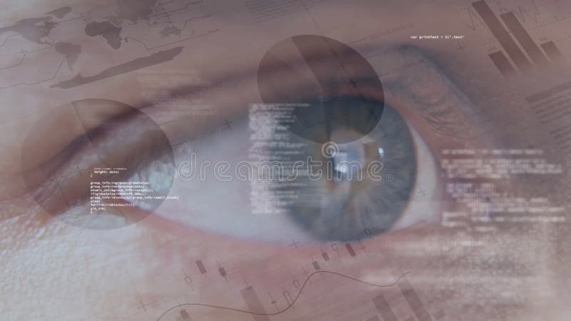 Blue eye surrounded by an animation of codes and financial data stock footage