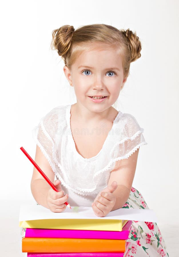 Blue-eyed Girl Wiht Red Pencil Looking at Camera Stock Image picture pic