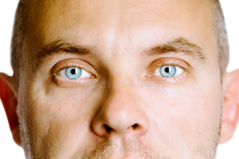 Close-up Shot Of Man's Eye. Man With Blue Eyes. Stock Photo