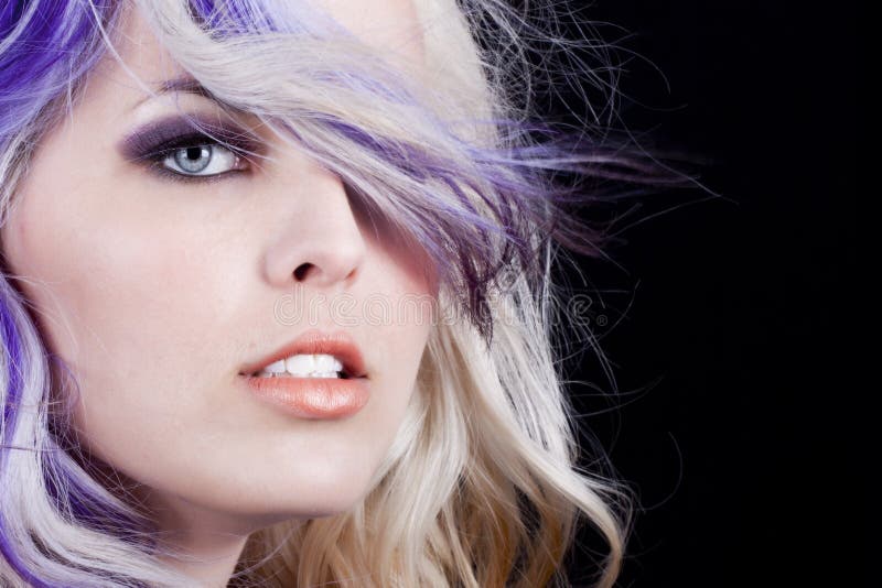 Blue eyes purple hair stock photo. Image of attitude 16032406