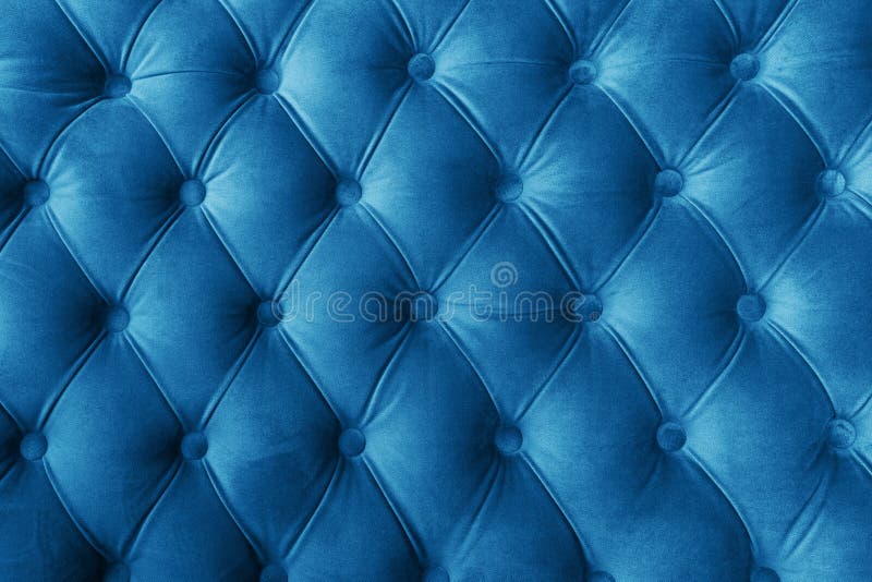 Blue Fabric Sofa Texture With Buttons For Background And Design. Color Of The Year 2020 Classic
