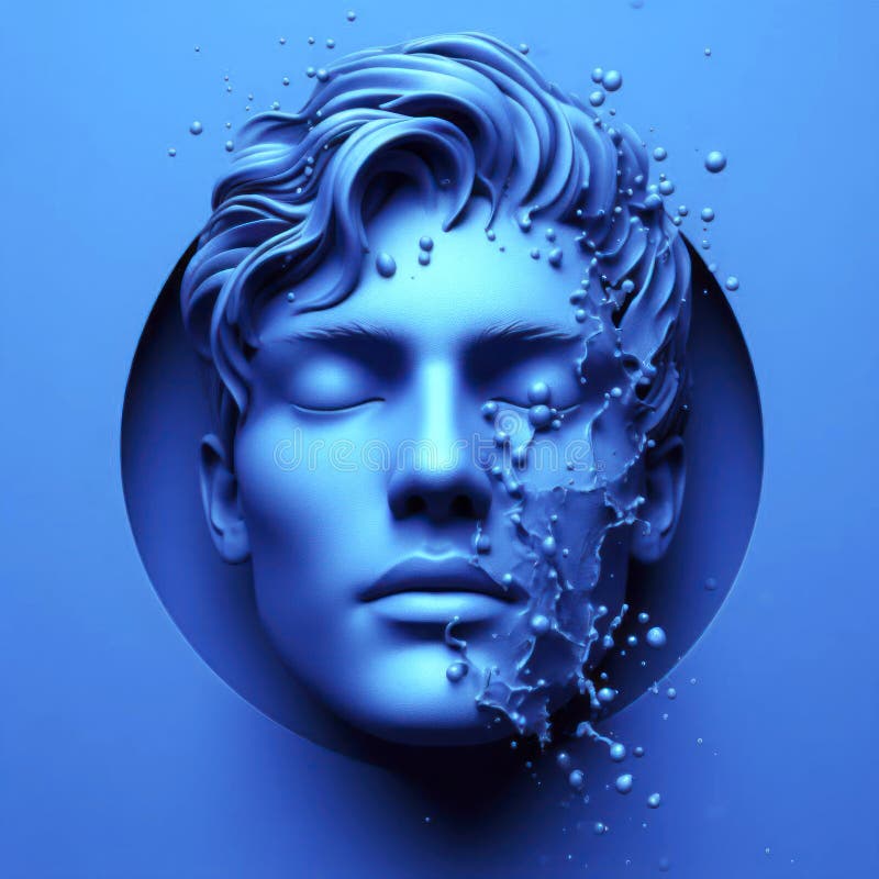 A Blue Face with Water Splashing on it S Face on Solid Blue Background