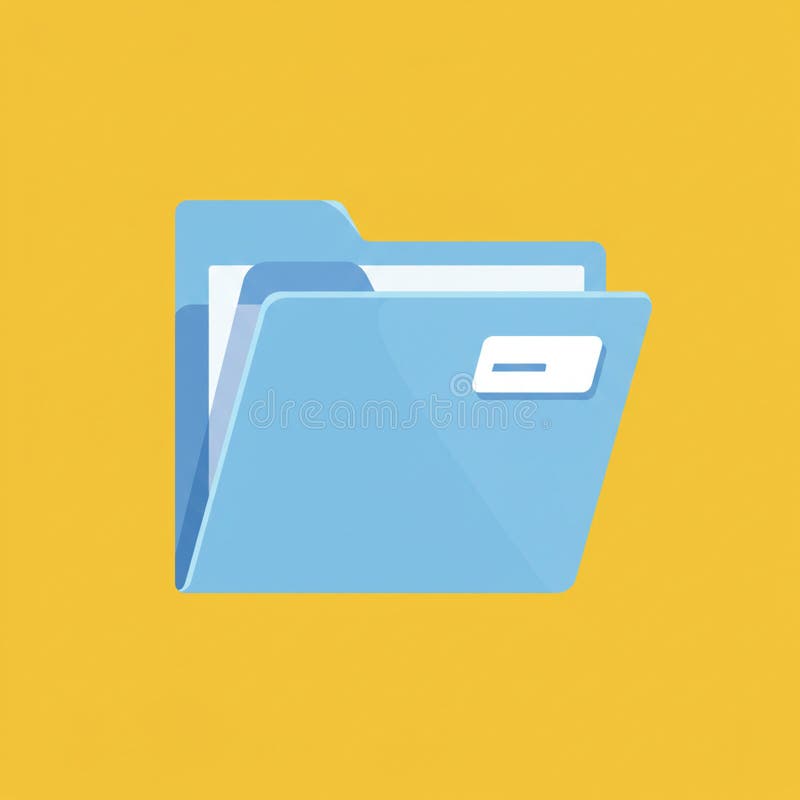 A blue file folder is illustrated against a yellow background. The folder is slightly open vector illustration