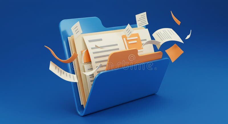 Blue file folder with various papers and documents, some orange, emerging from it. royalty free illustration