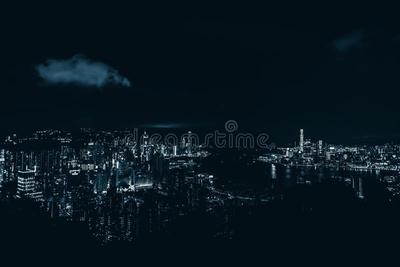 Blue filter of city night light. Hong Kong stock photos