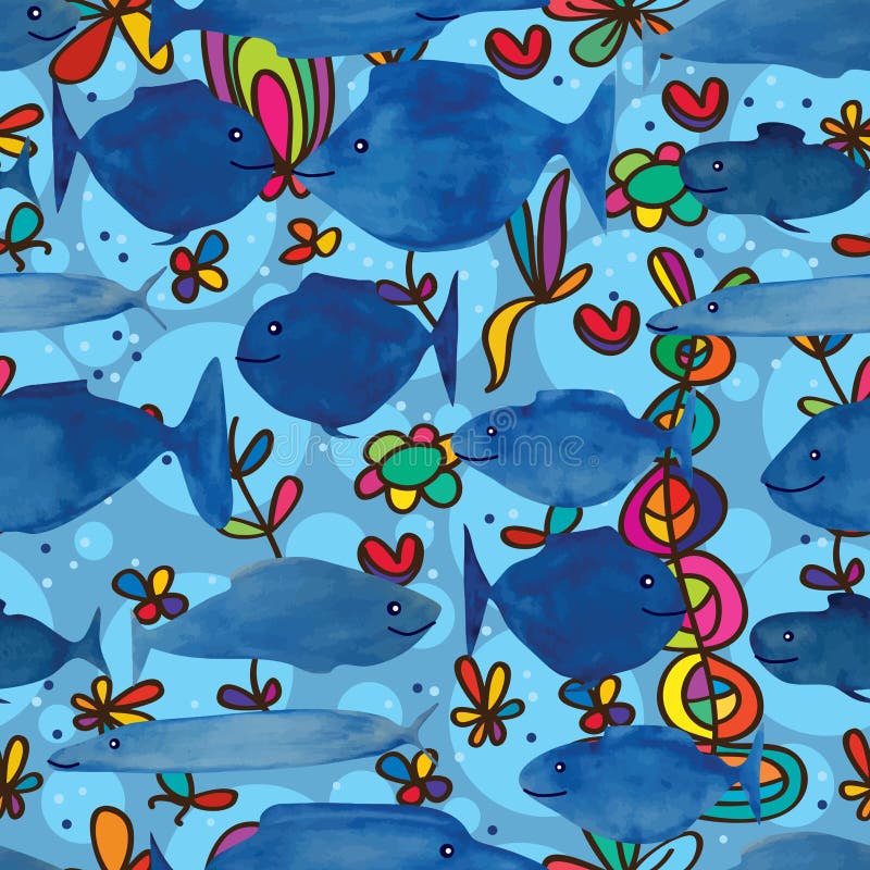 This illustration is watercolor blue fish cartoon flower colorful background blue color backdrop seamless pattern. This illustration is watercolor blue fish cartoon flower colorful background blue color backdrop seamless pattern.