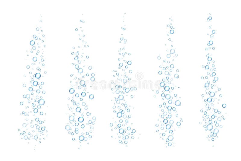 Blue fizzing bubbles. Underwater realistic sparkles transparent isolated water drops. Vector sparkle stream
