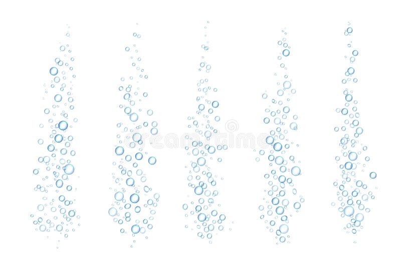 Blue fizzing bubbles. Underwater realistic sparkles transparent isolated water drops. Vector sparkle stream stock illustration
