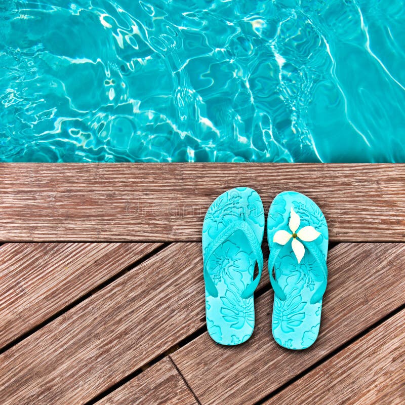 Blue Flip Flops on a Wooden Deck Stock Photo - Image of holiday, blue ...