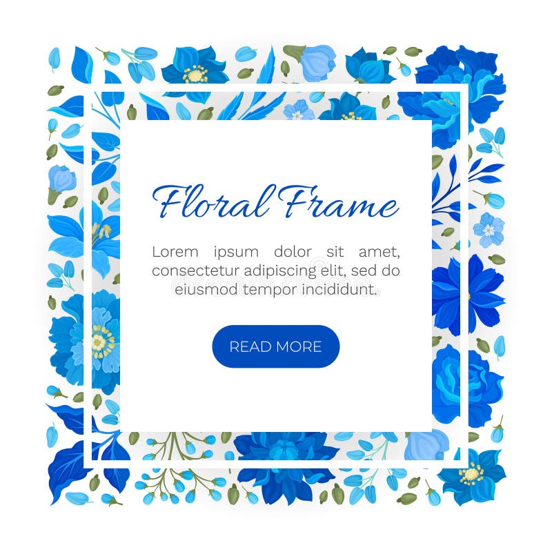 Blue Flowers Frame Design with Blooming Flora and Twigs Vector Template royalty free illustration