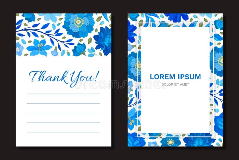 Blue Flowers Greeting Card Design with Blooming Flora and Twigs Vector Template royalty free illustration