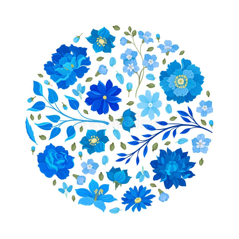 Blue Flowers Round Composition Design with Blooming Flora and Twigs Vector Template royalty free illustration