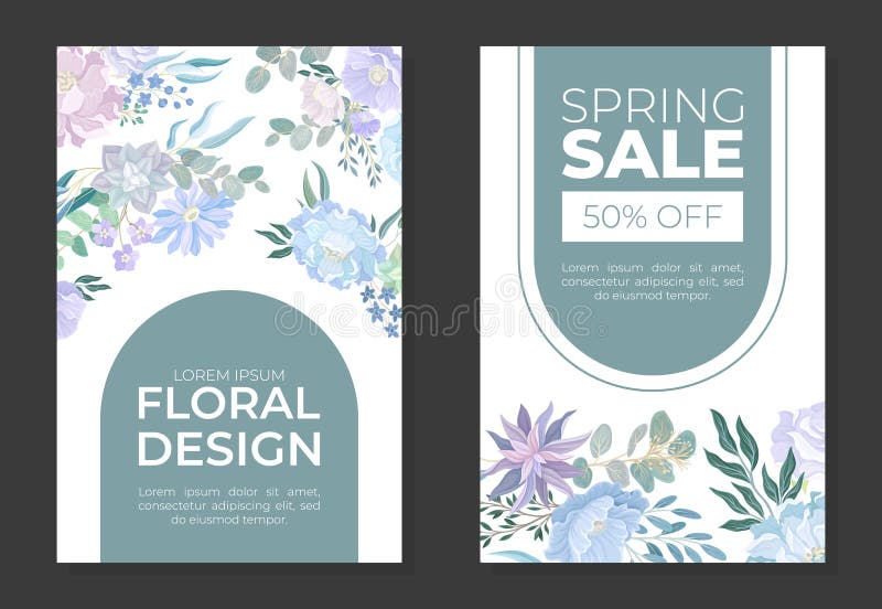 Blue Flowers Spring Sale Card Design with Blooming Flora Composition Vector Template stock illustration